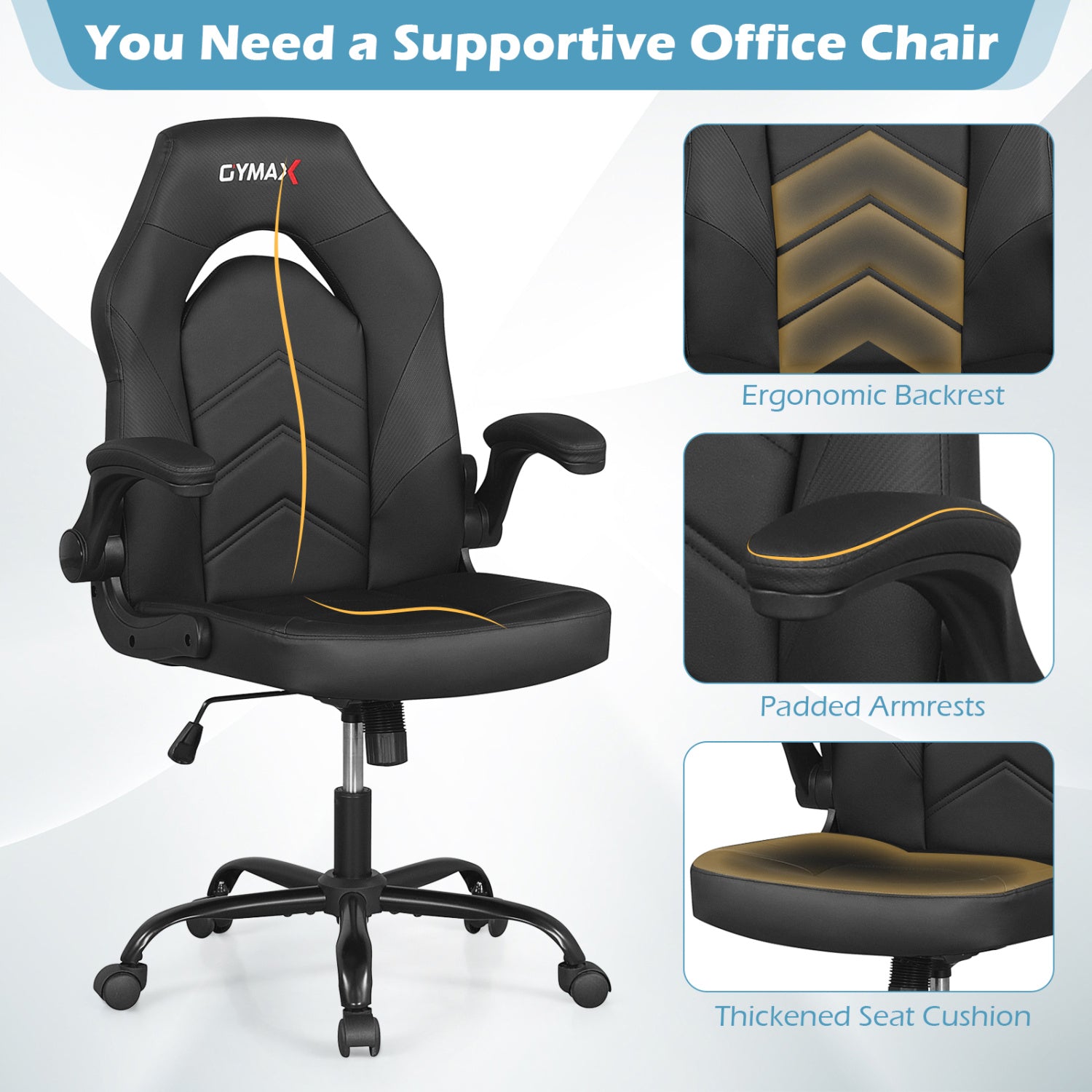 Leather Office Chair Ergonomic Computer Desk Chair with Flip-up Armrests-Black