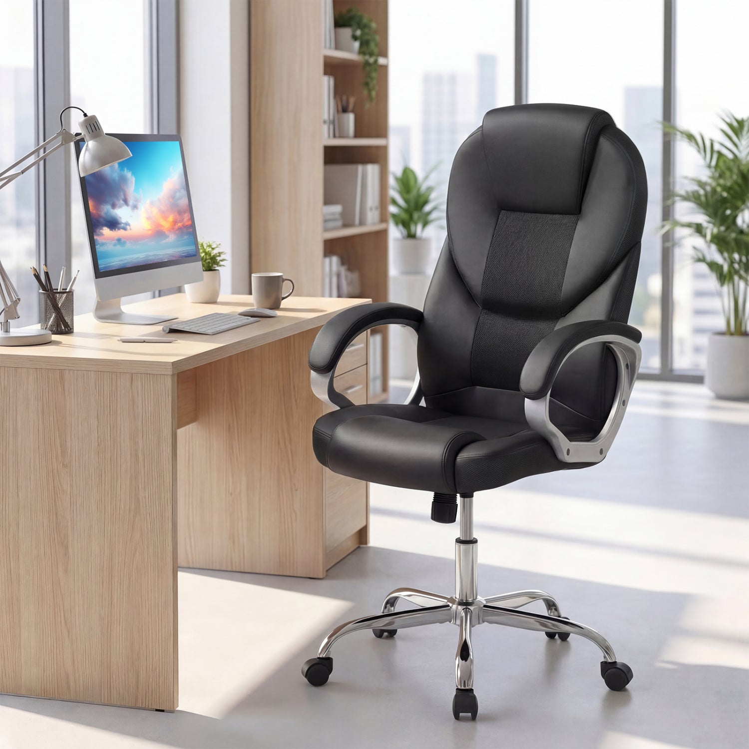 Leather Office Chair Ergonomic Mesh Executive Chair with Padded Armrests and Rocking Backrest-Black