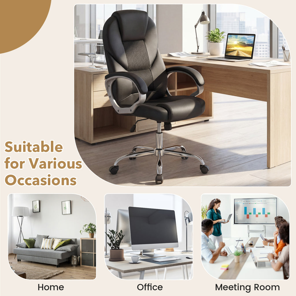 Leather Office Chair Ergonomic Mesh Executive Chair with Padded Armrests and Rocking Backrest-Black