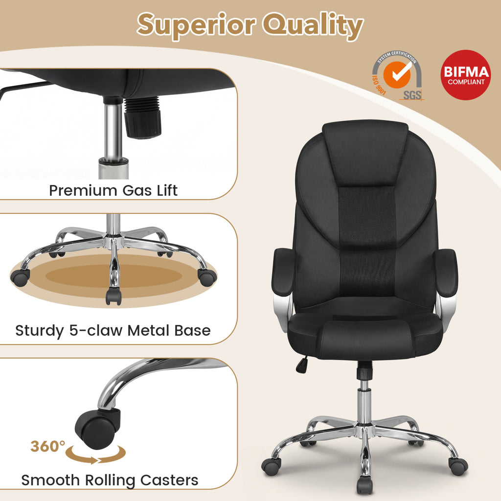 Leather Office Chair Ergonomic Mesh Executive Chair with Padded Armrests and Rocking Backrest-Black
