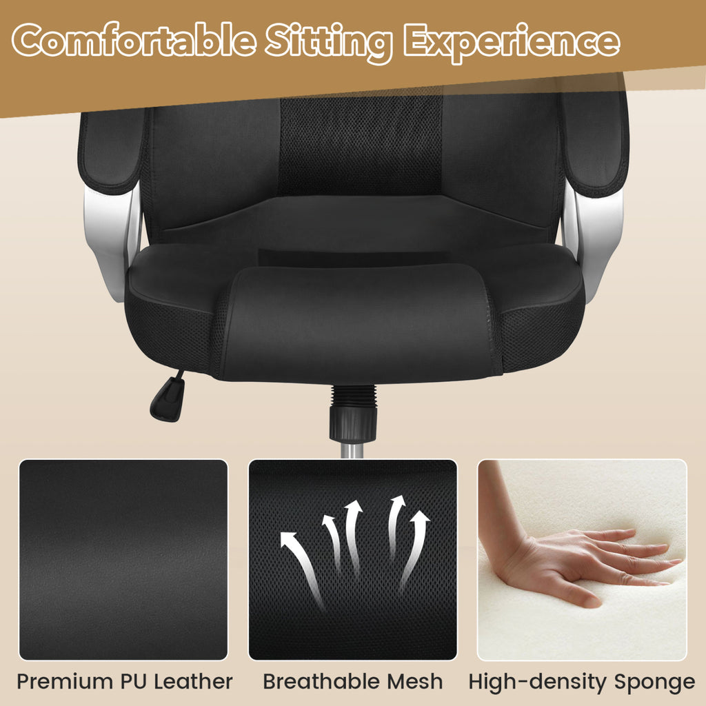 Leather Office Chair Ergonomic Mesh Executive Chair with Padded Armrests and Rocking Backrest-Black