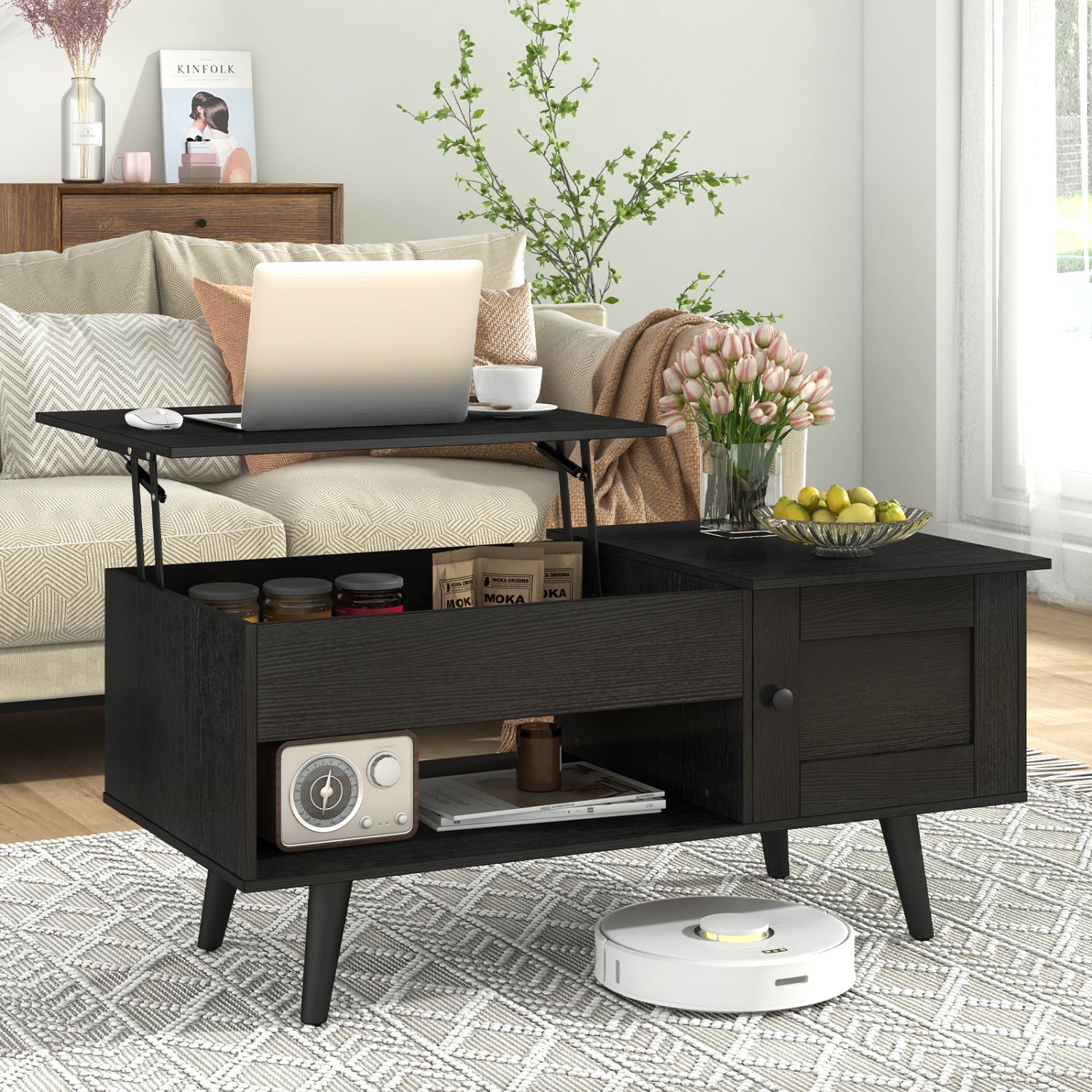 Lift Top Coffee Table with Storage and Hidden Compartment-Black
