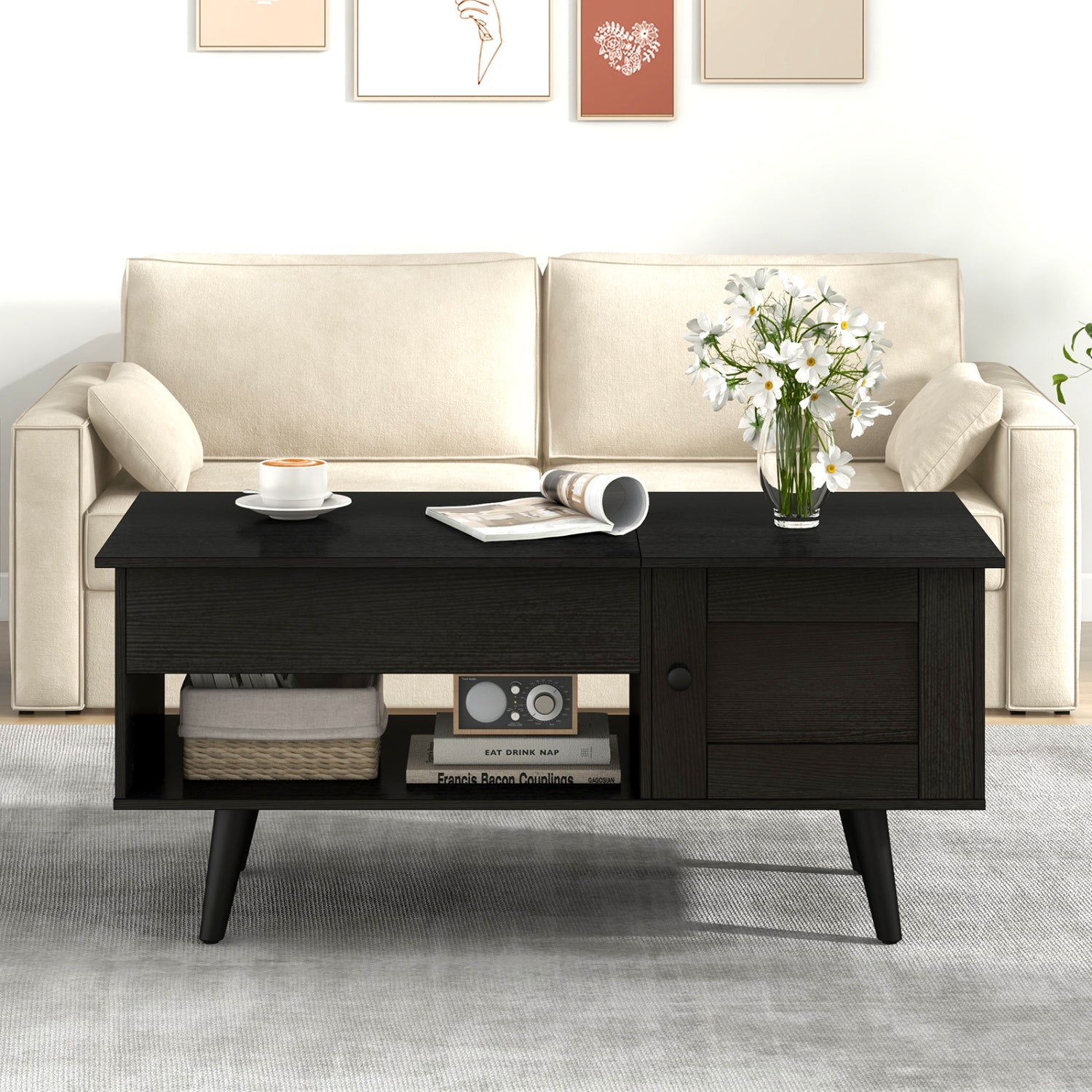 Lift Top Coffee Table with Storage and Hidden Compartment-Black