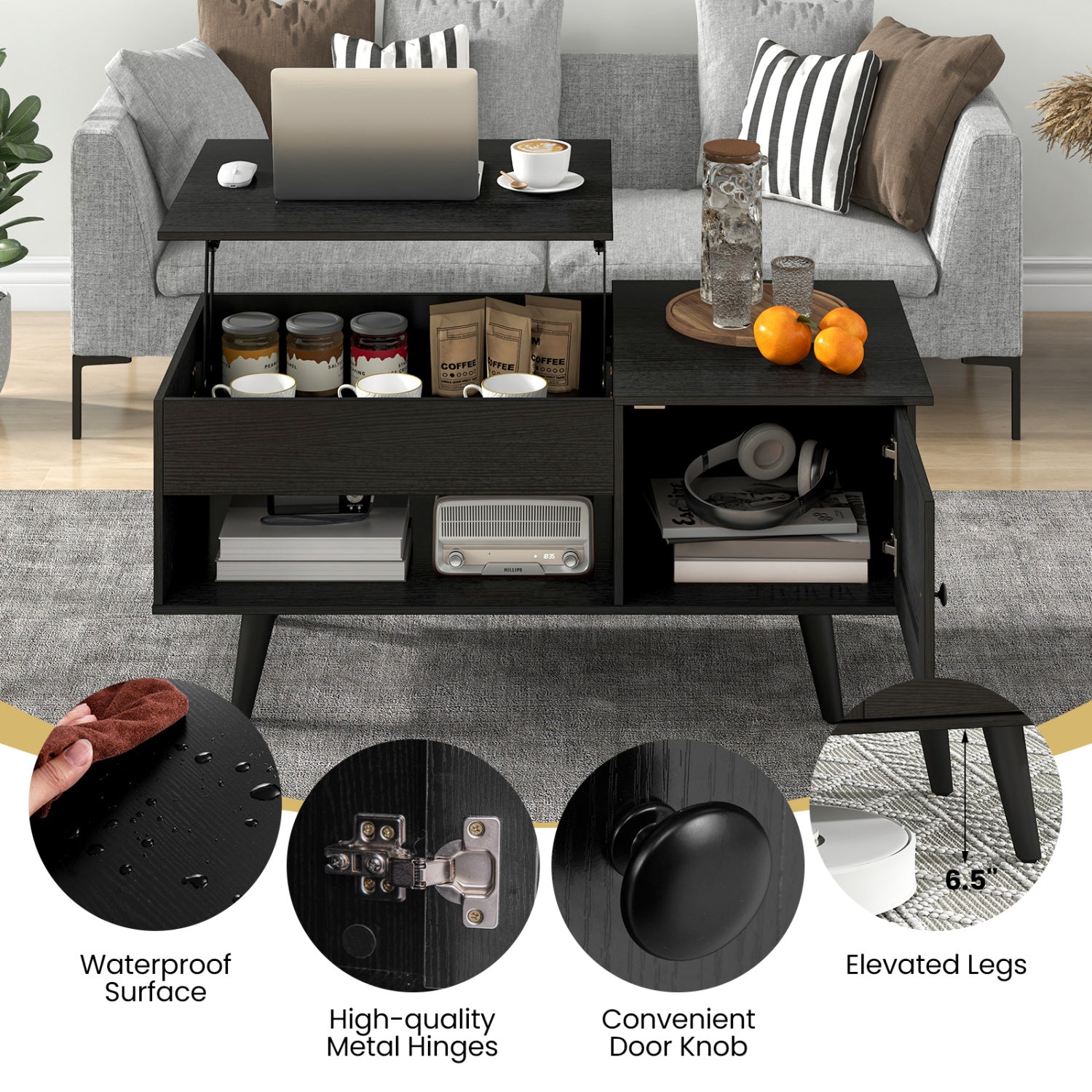 Lift Top Coffee Table with Storage and Hidden Compartment-Black