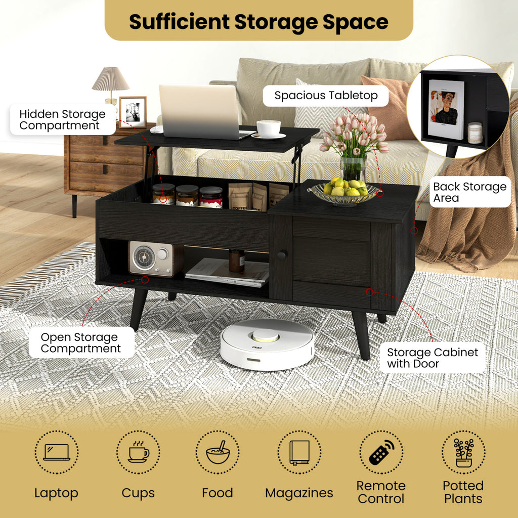 Lift Top Coffee Table with Storage and Hidden Compartment-Black