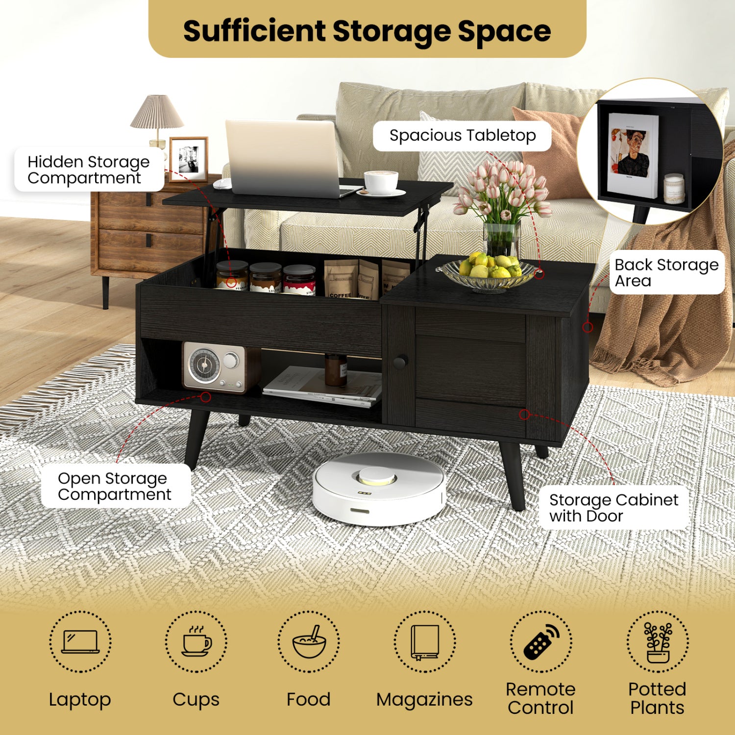 Lift Top Coffee Table with Storage and Hidden Compartment-Black