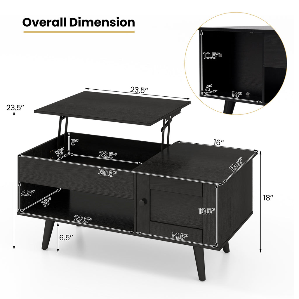 Lift Top Coffee Table with Storage and Hidden Compartment-Black