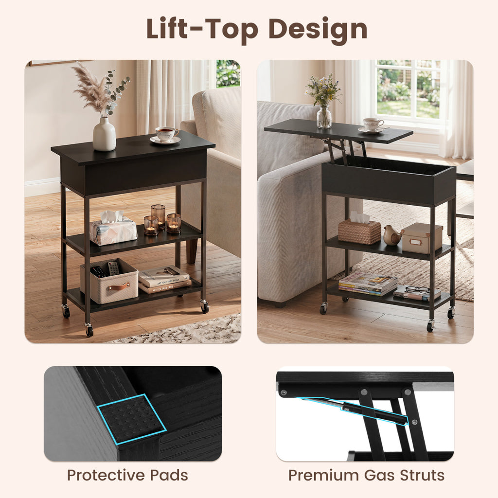 Lift Top End Table with Charging Station and Universal Wheels-Black