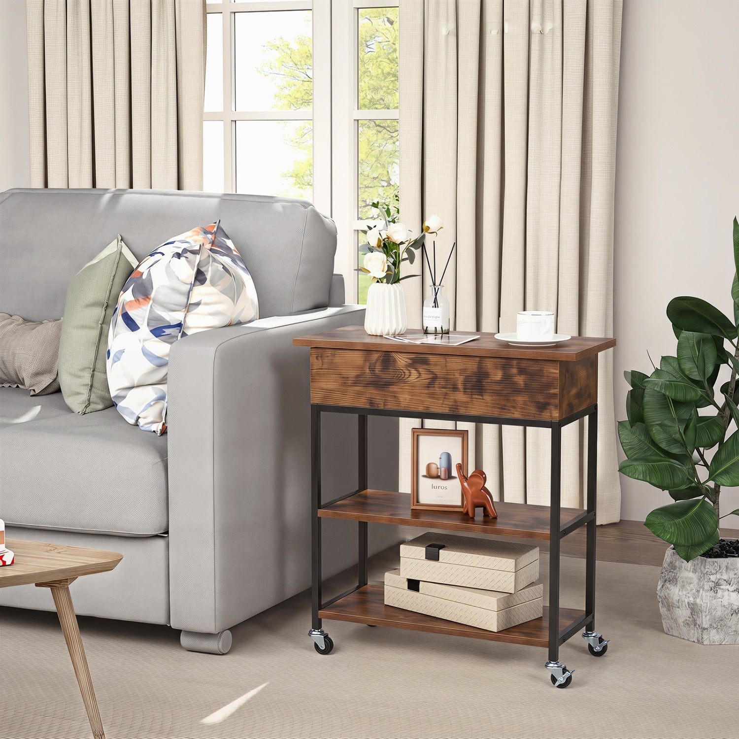Lift Top End Table with Charging Station and Universal Wheels-Rustic Brown