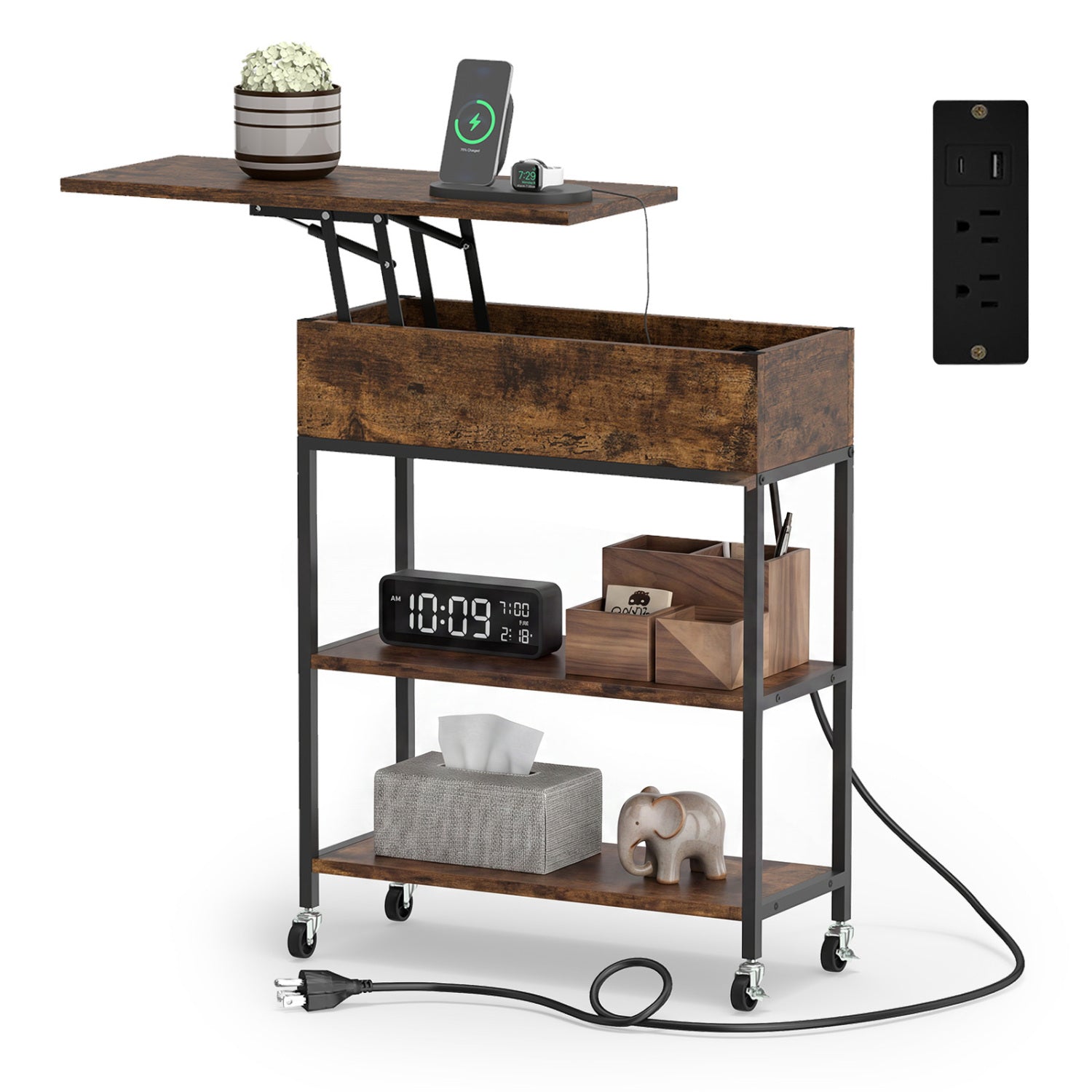 Lift Top End Table with Charging Station and Universal Wheels-Rustic Brown