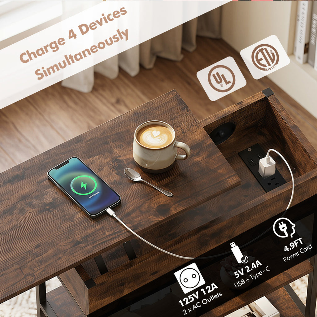 Lift Top End Table with Charging Station and Universal Wheels-Rustic Brown