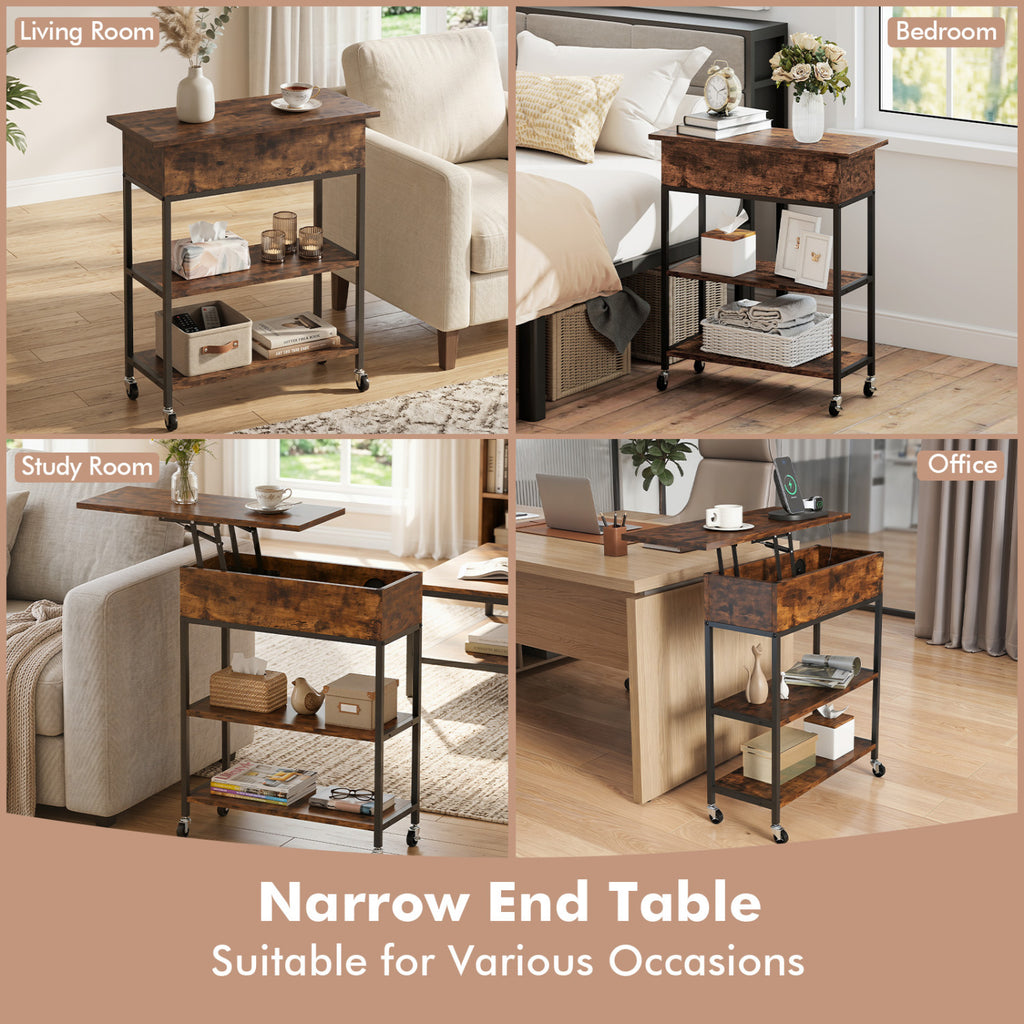 Lift Top End Table with Charging Station and Universal Wheels-Rustic Brown