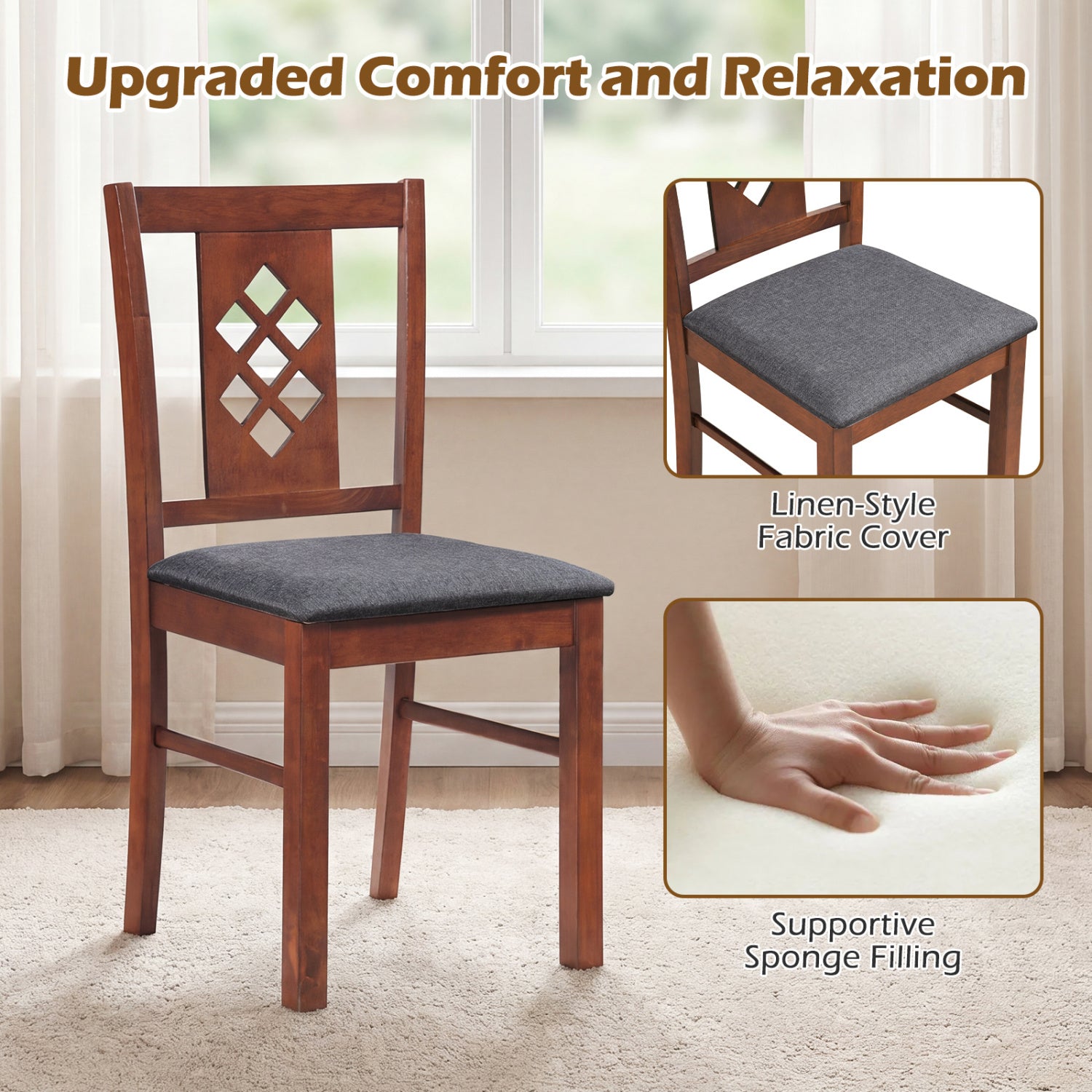 Linen Style Upholstered Kitchen Chairs with Wood Frames Set of 2-Cherry