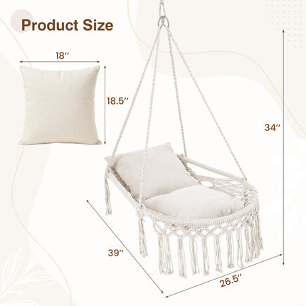 Macrame Swing Chair Hammock Chair with 2 Removable Cushions-Beige