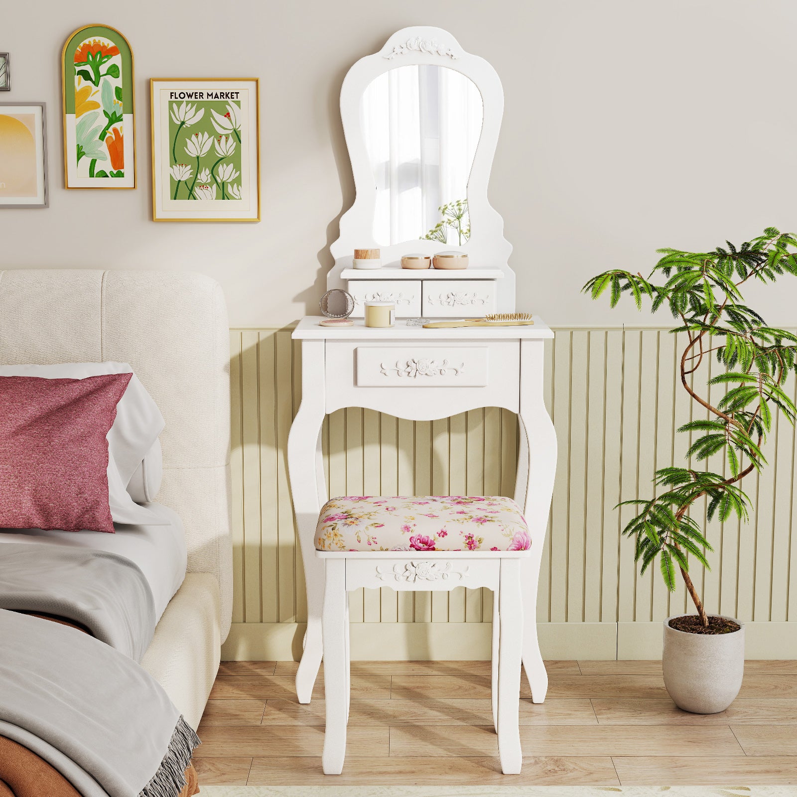 Makeup Dressing Table and Bench 3 Drawers and Cushioned Stool for Girls-White