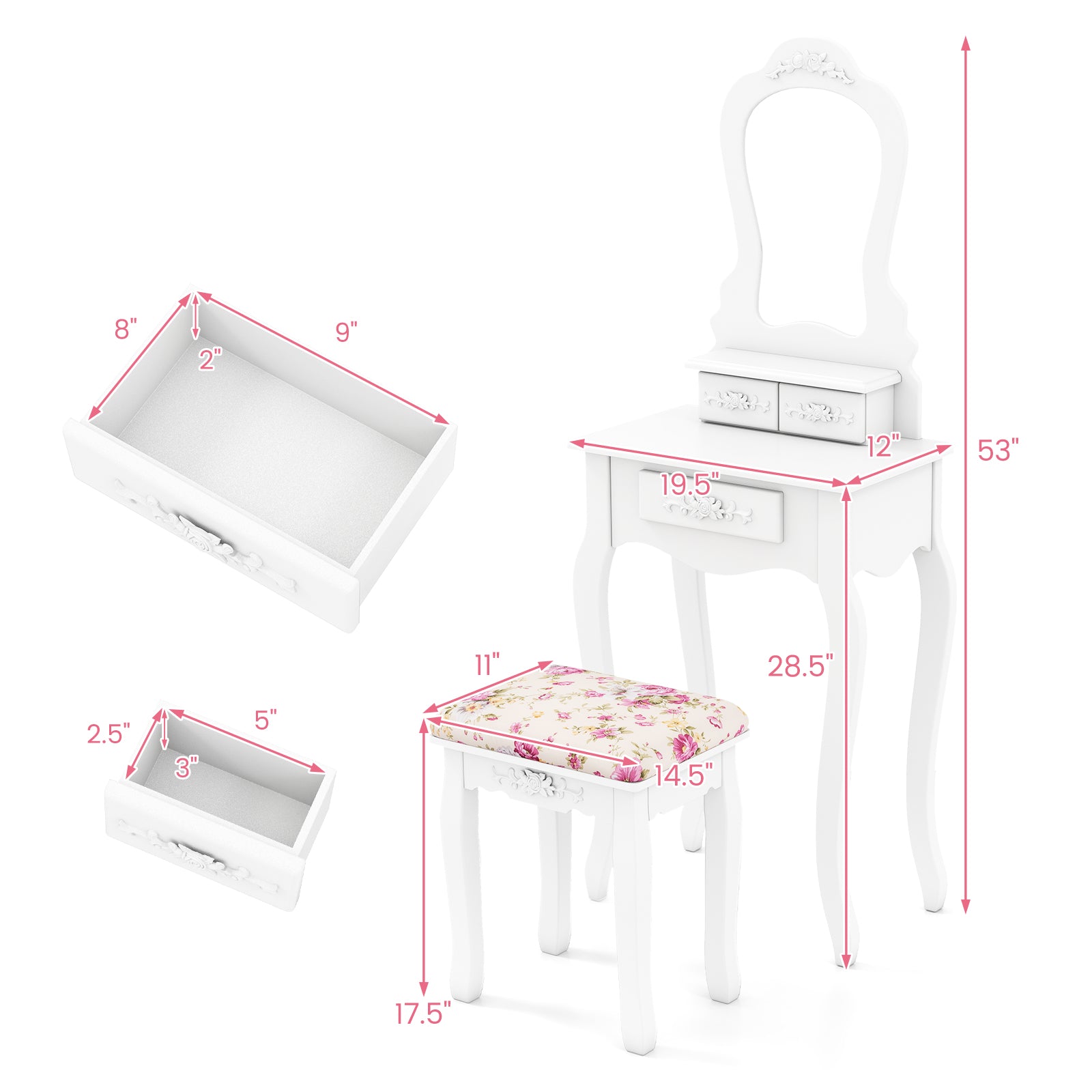 Makeup Dressing Table and Bench 3 Drawers and Cushioned Stool for Girls-White