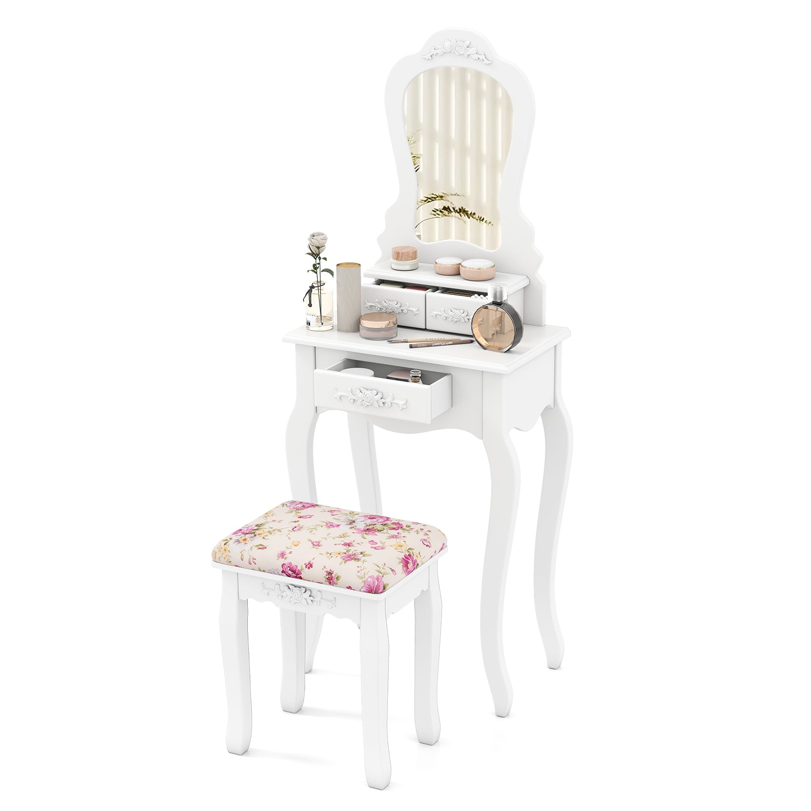 Makeup Dressing Table and Bench 3 Drawers and Cushioned Stool for Girls-White