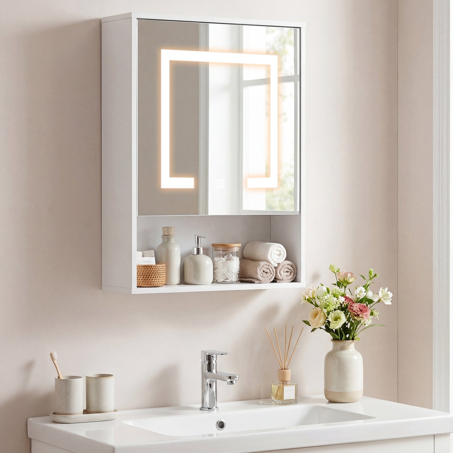 Medicine Cabinet with Mirror and 3 Color LED Lights Recessed or Wall Mounted-White