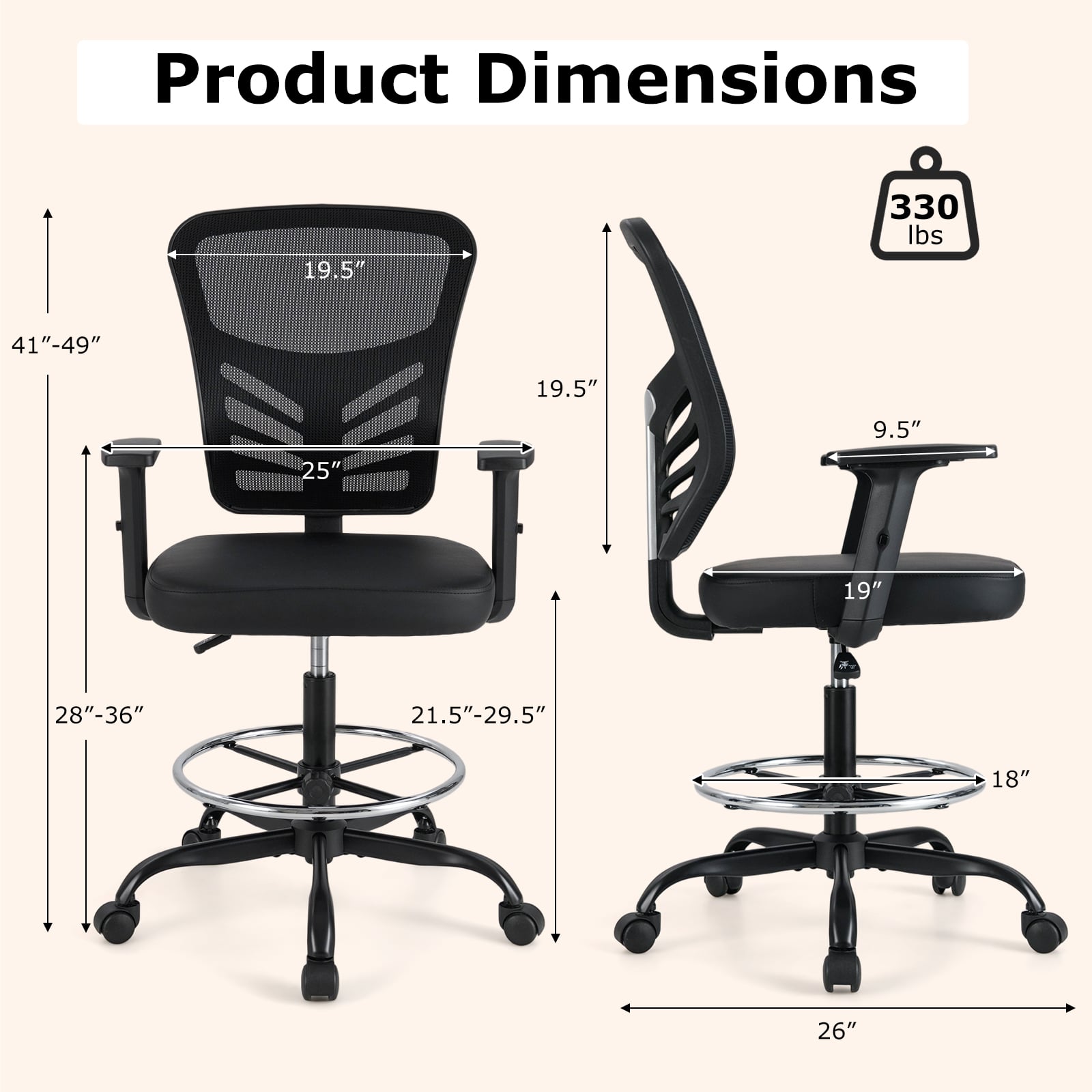 Mesh Drafting Chair Office Chair with Adjustable Armrests and Foot-Ring-Black