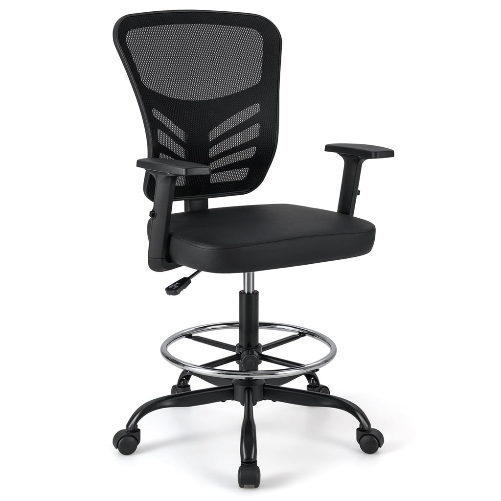 Mesh Drafting Chair Office Chair with Adjustable Armrests and Foot-Ring-Black
