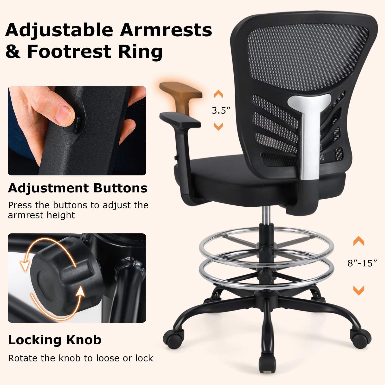 Mesh Drafting Chair Office Chair with Adjustable Armrests and Foot-Ring-Black