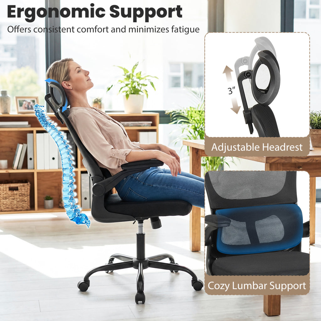 Mesh Office Chair with Adaptive Lumbar Support  Flip-up Armrests  Reclining Backrest-Black