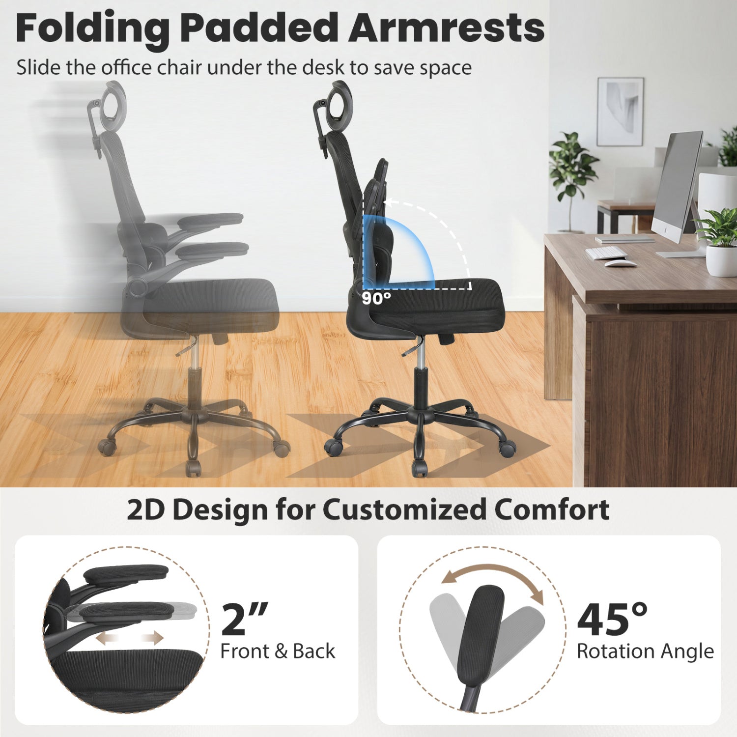 Mesh Office Chair with Adaptive Lumbar Support  Flip-up Armrests  Reclining Backrest-Black