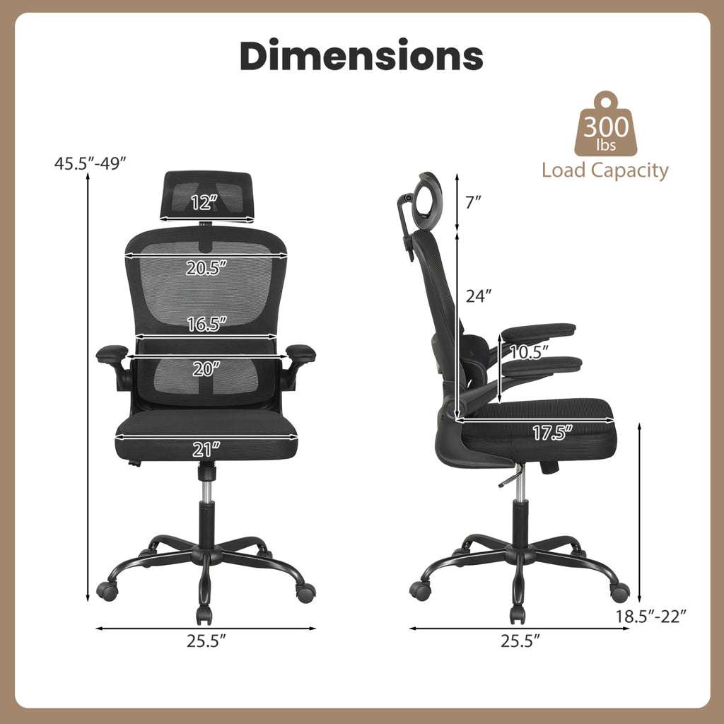 Mesh Office Chair with Adaptive Lumbar Support  Flip-up Armrests  Reclining Backrest-Black