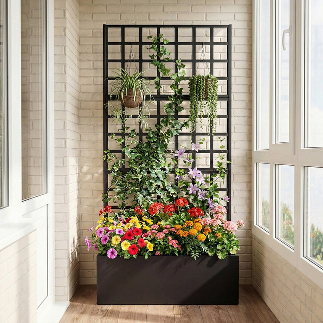 Metal Raised Garden Bed with Trellis and Drainage Holes for Climbing Plants-Black