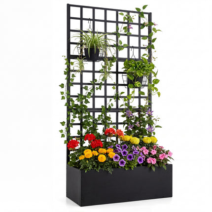 Metal Raised Garden Bed with Trellis and Drainage Holes for Climbing Plants-Black