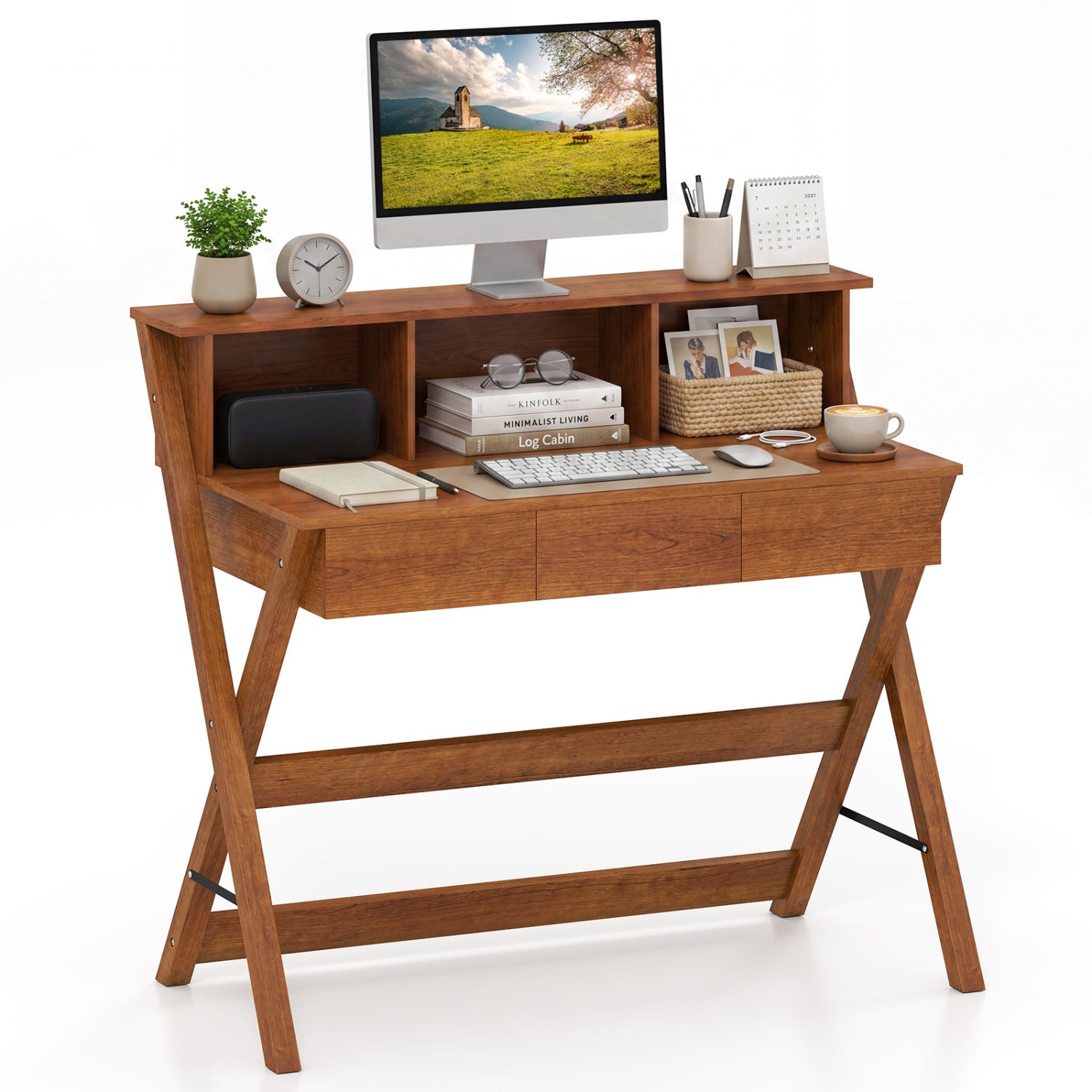 Mid Century Home Office Desk with 3 Storage Drawers and Monitor Stand-Oak