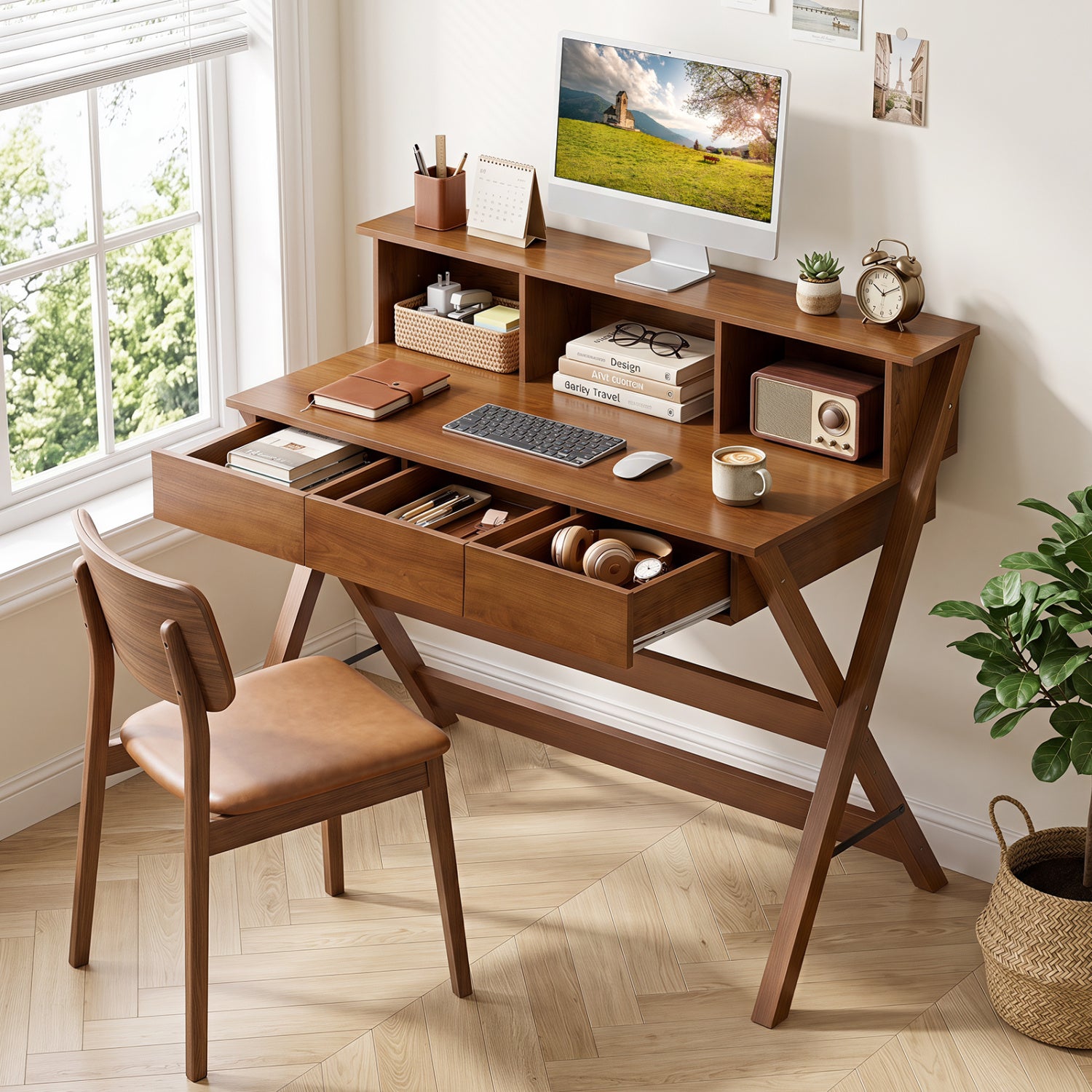 Mid Century Home Office Desk with 3 Storage Drawers and Monitor Stand-Oak