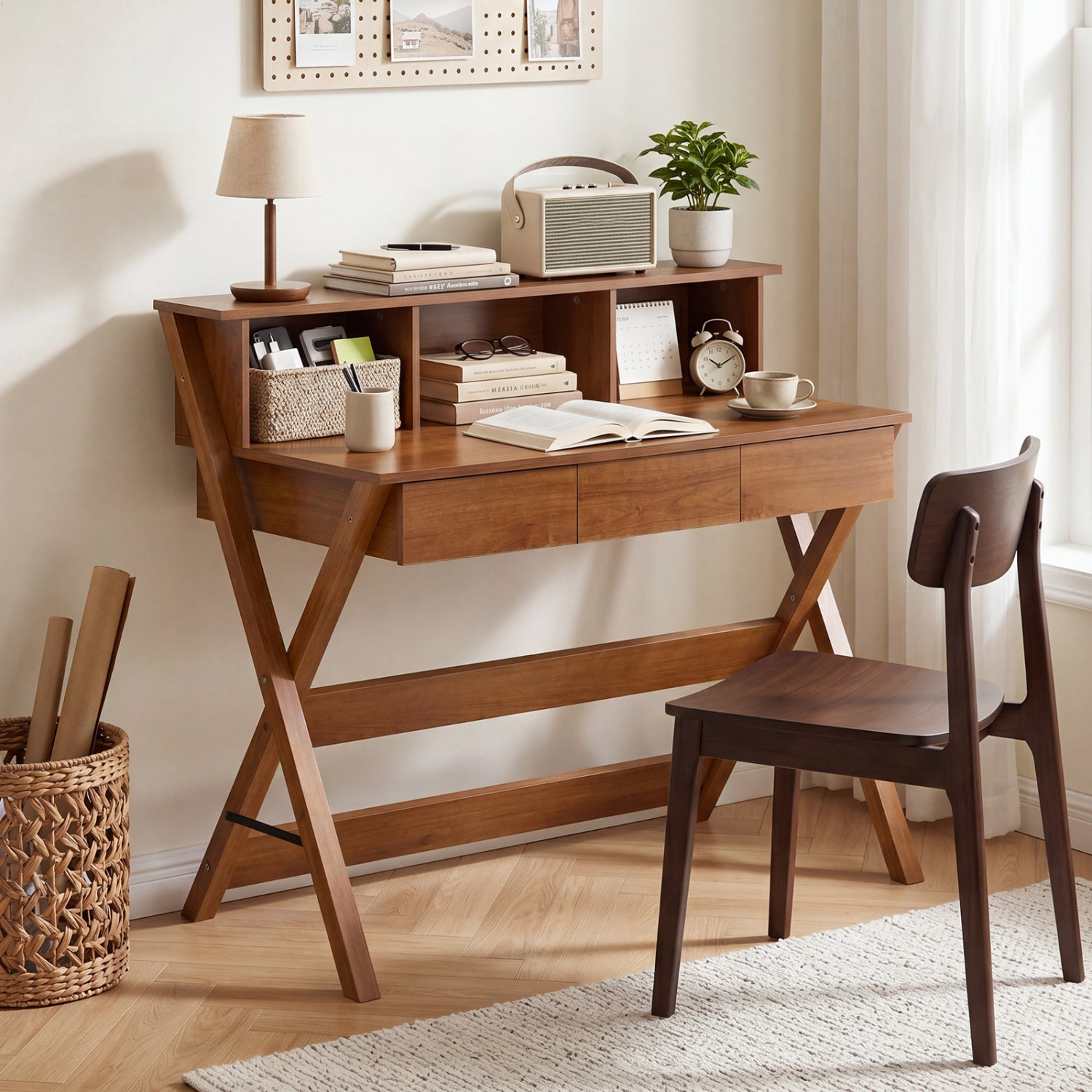 Mid Century Home Office Desk with 3 Storage Drawers and Monitor Stand-Oak