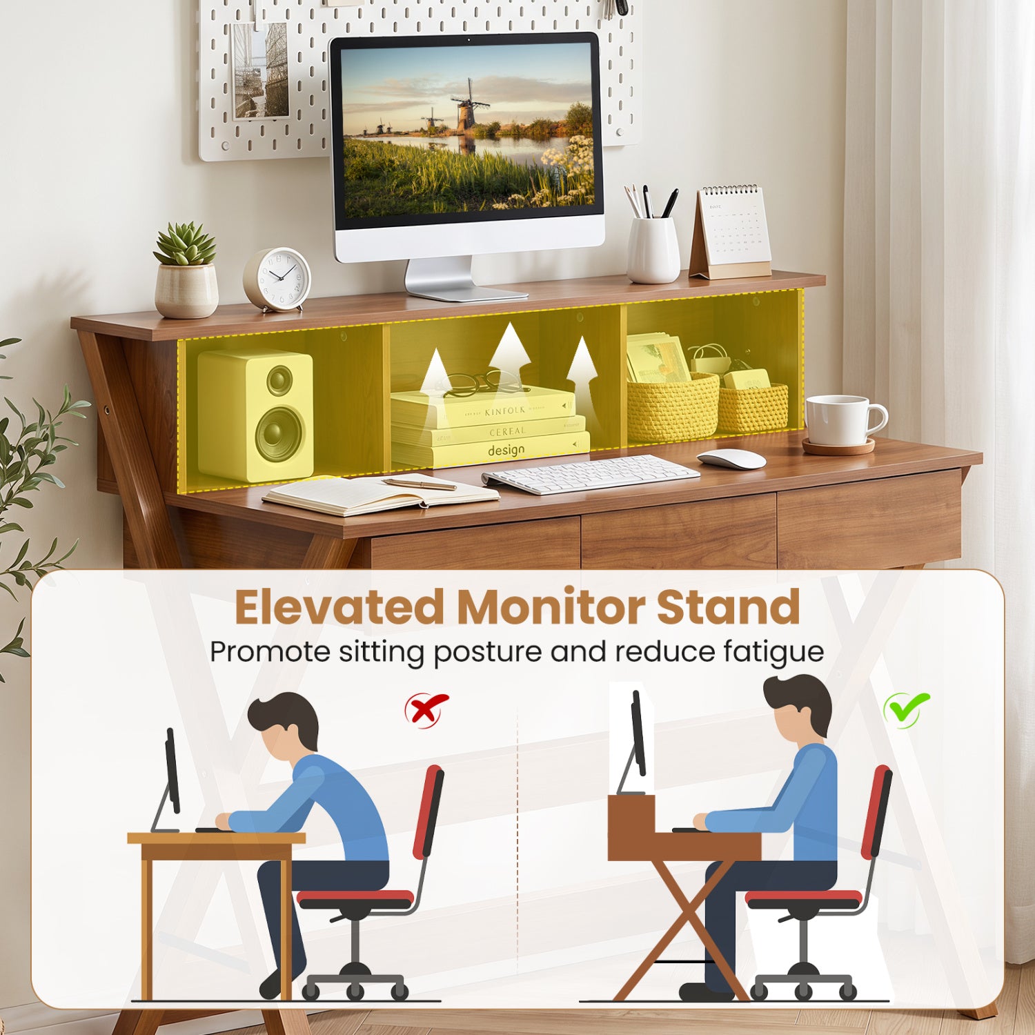Mid Century Home Office Desk with 3 Storage Drawers and Monitor Stand-Oak