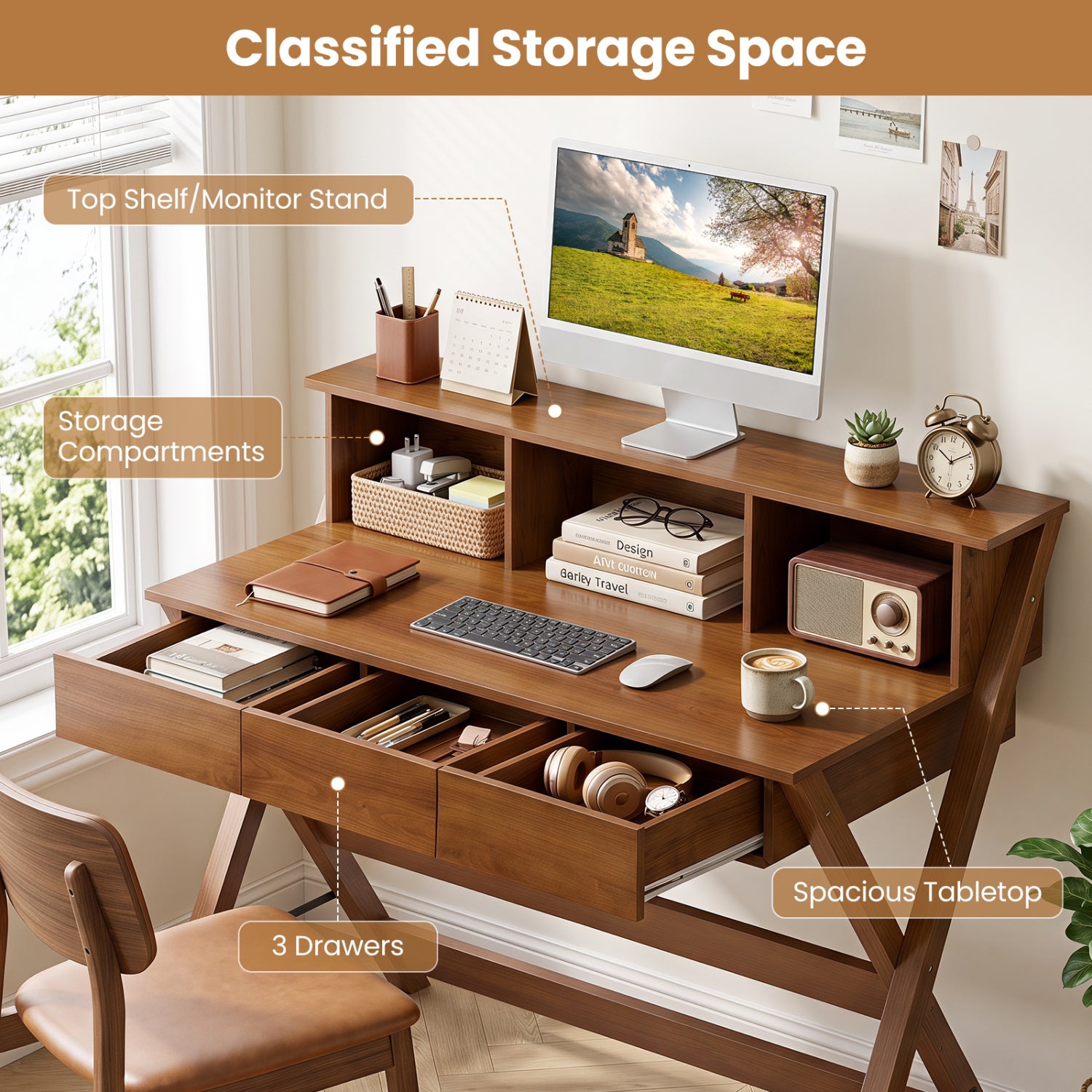 Mid Century Home Office Desk with 3 Storage Drawers and Monitor Stand-Oak