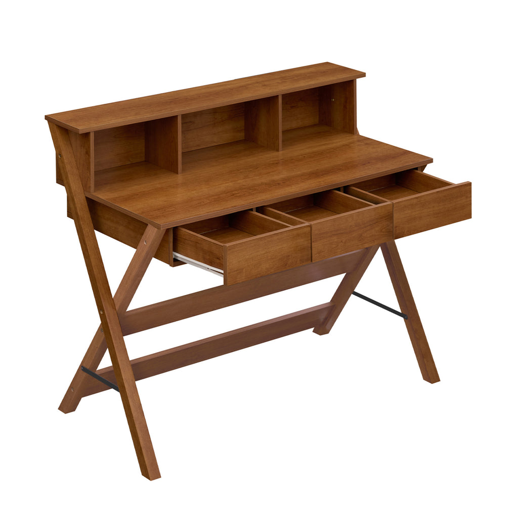 Mid Century Home Office Desk with 3 Storage Drawers and Monitor Stand-Oak