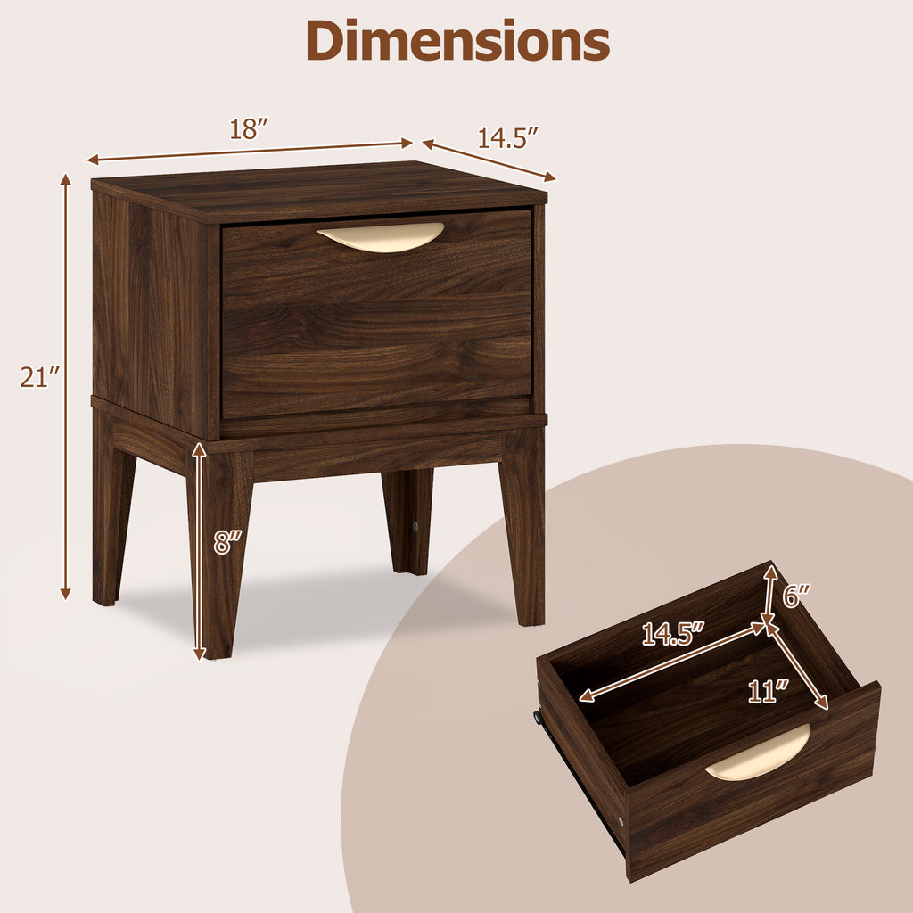 Mid Century Modern Bedside Table with Drawer and Tapered Support Feet for Bedroom-Walnut