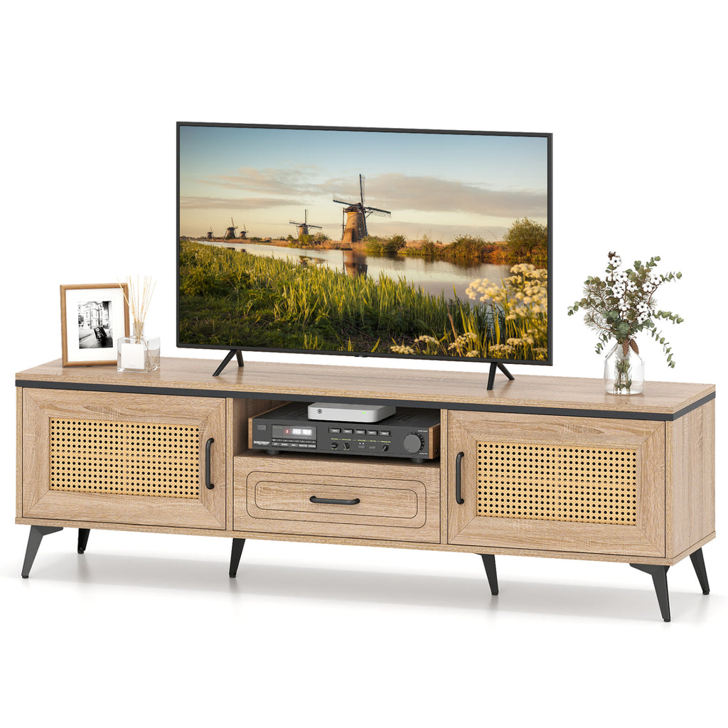 Mid Century Modern Entertainment Center with 2 Cabinets and Storage Drawer-Oak