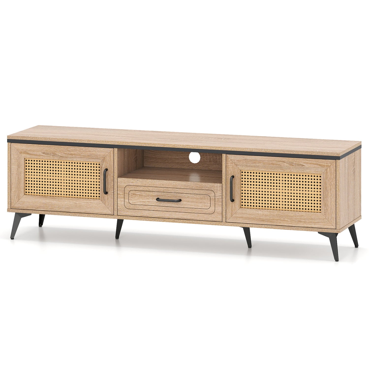 Mid Century Modern Entertainment Center with 2 Cabinets and Storage Drawer-Oak