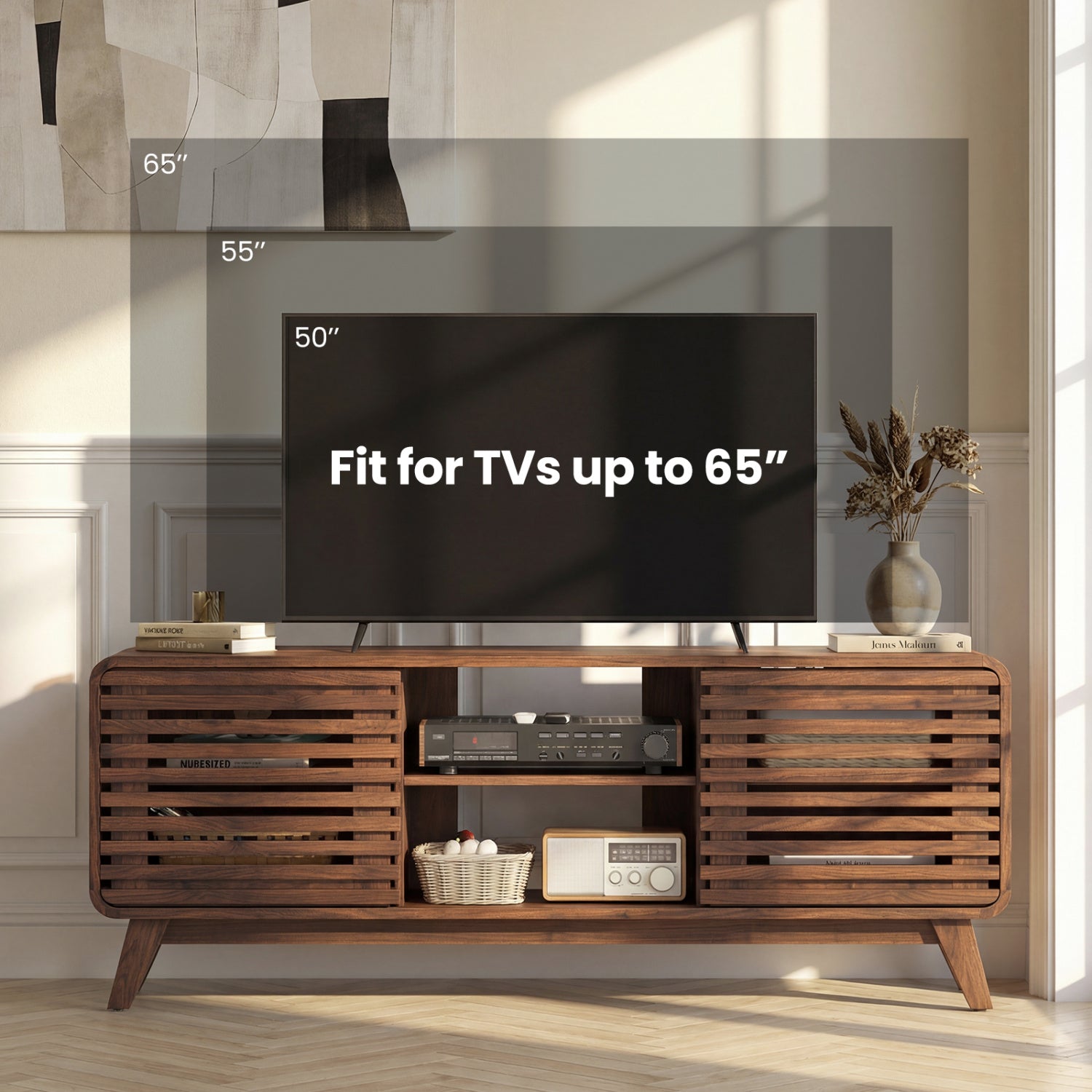Mid Century Modern Entertainment Center with Grille-style Sliding Doors for Living Room-Walnut