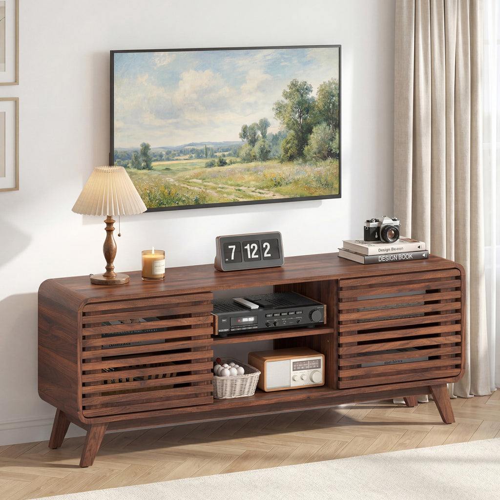 Mid Century Modern Entertainment Center with Grille-style Sliding Doors for Living Room-Walnut