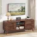 Mid Century Modern Entertainment Center with Grille-style Sliding Doors for Living Room-Walnut