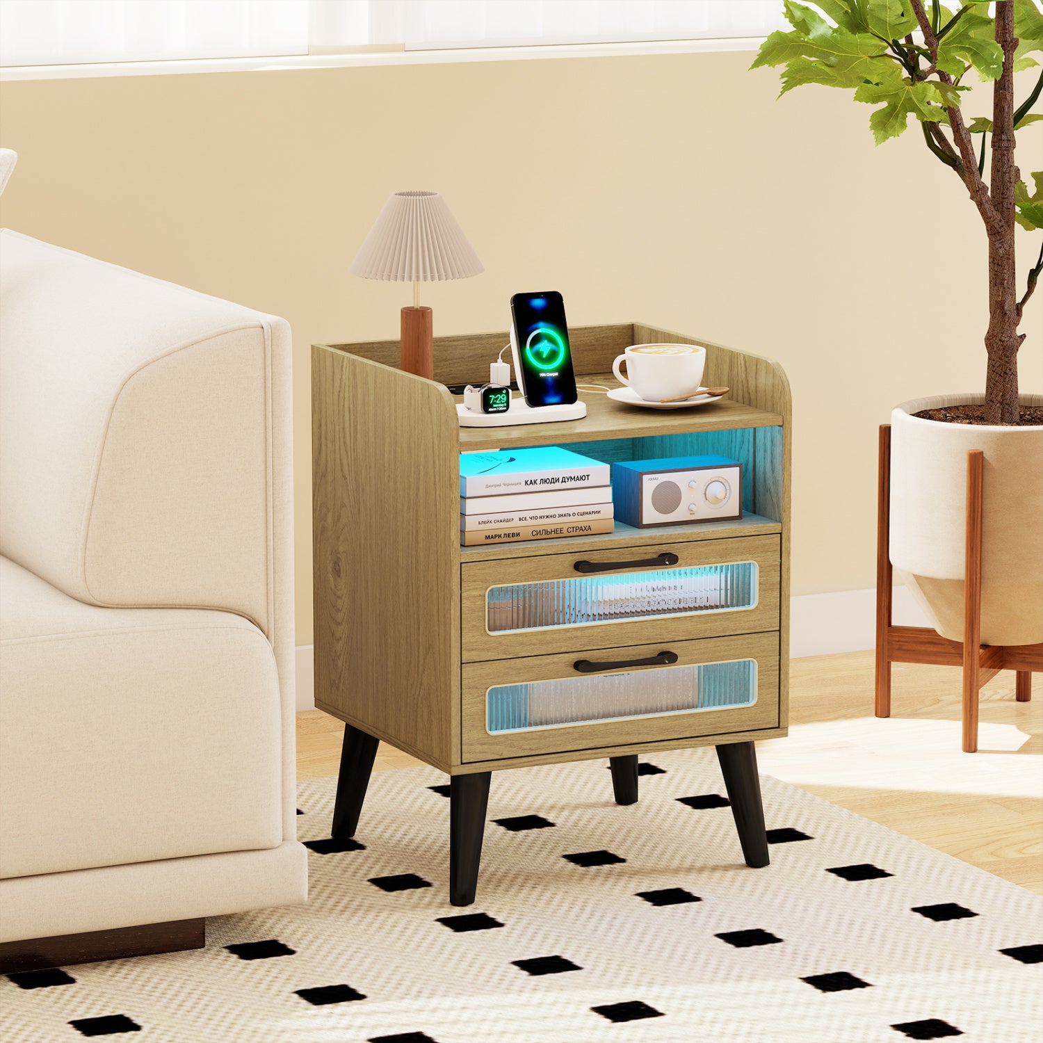 Mid Century Modern Nightstand with Charging Station and LED Lights-Natural