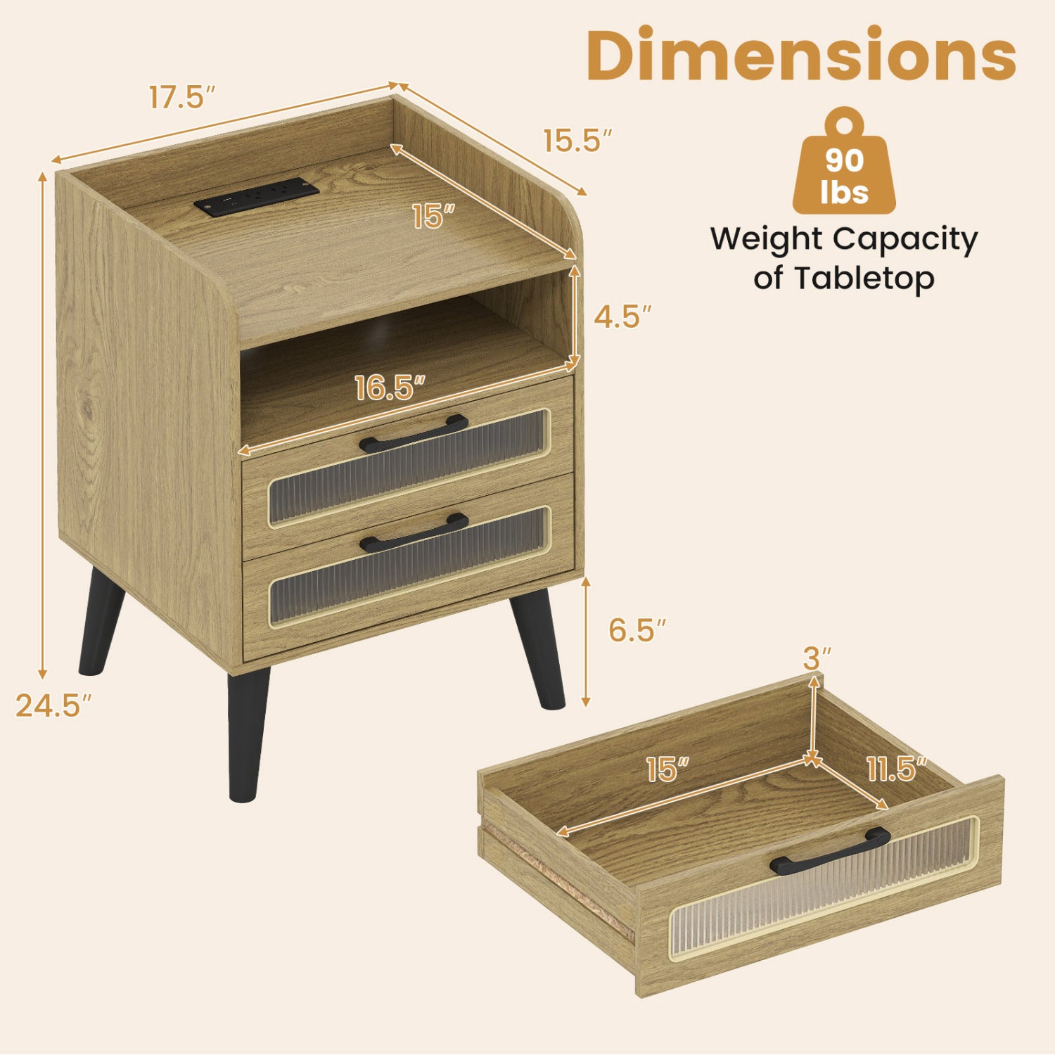 Mid Century Modern Nightstand with Charging Station and LED Lights-Natural