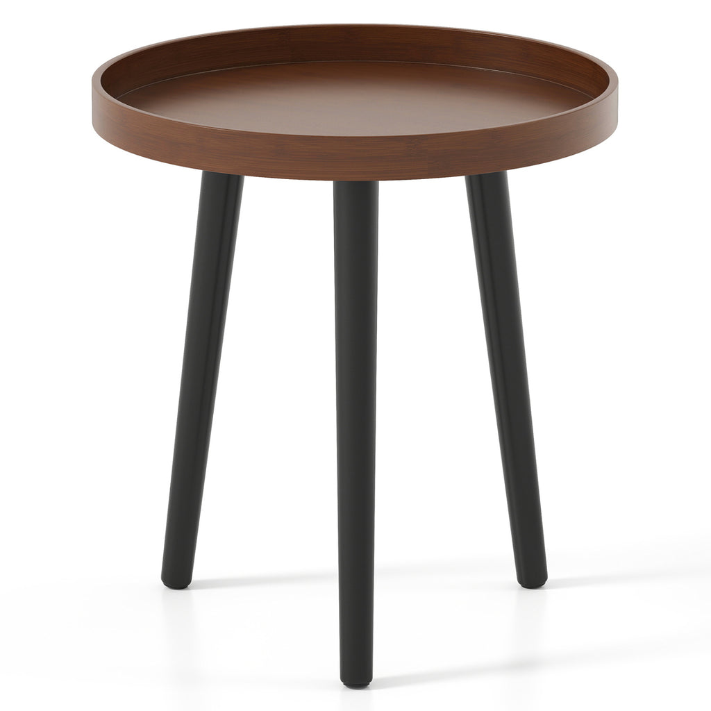 Mid Century Modern Round Side Sofa Coffee Table with Wooden Tray-Brown