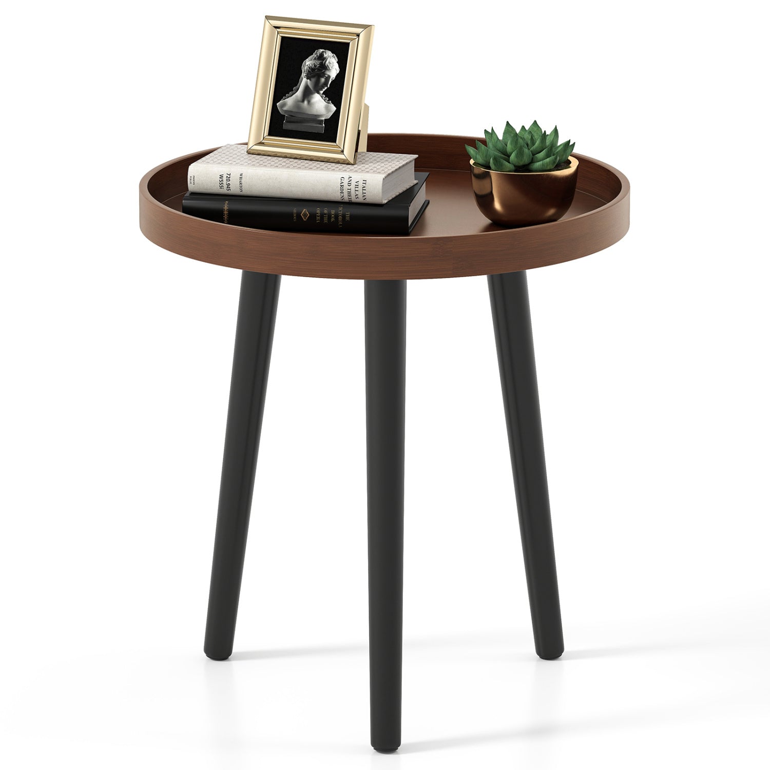 Mid Century Modern Round Side Sofa Coffee Table with Wooden Tray-Brown