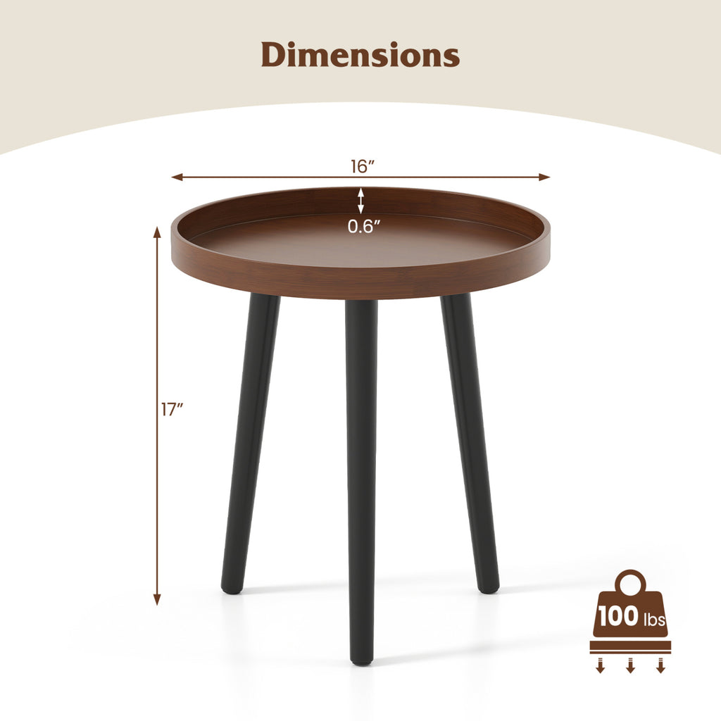 Mid Century Modern Round Side Sofa Coffee Table with Wooden Tray-Brown