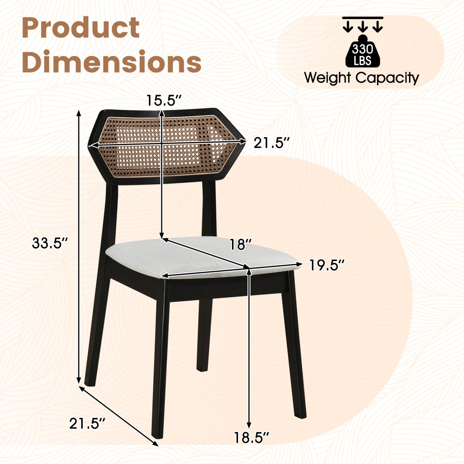 Mid Century Rattan Dining Chairs Set of 2 with Rattan Back and Solid Wood Frame-Black