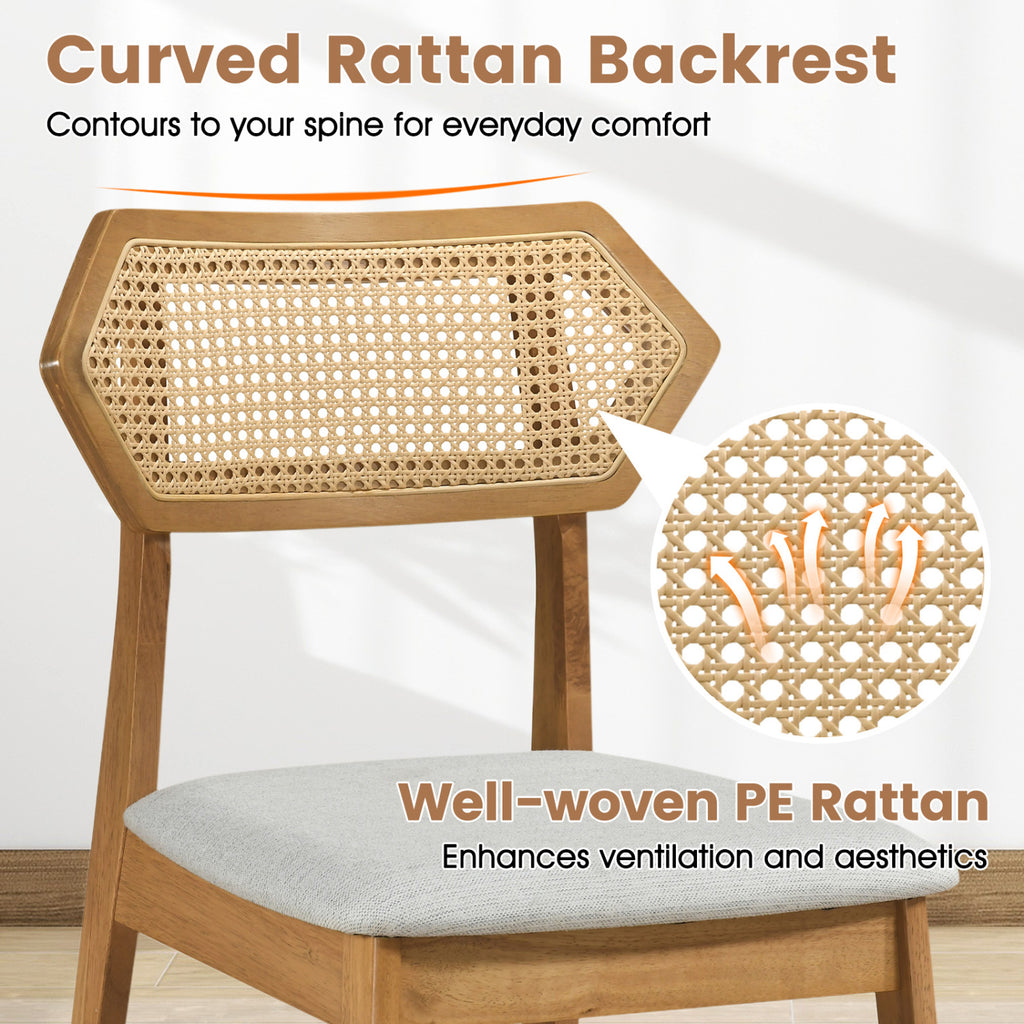 Mid Century Rattan Dining Chairs Set of 2 with Rattan Back and Solid Wood Frame-Natural