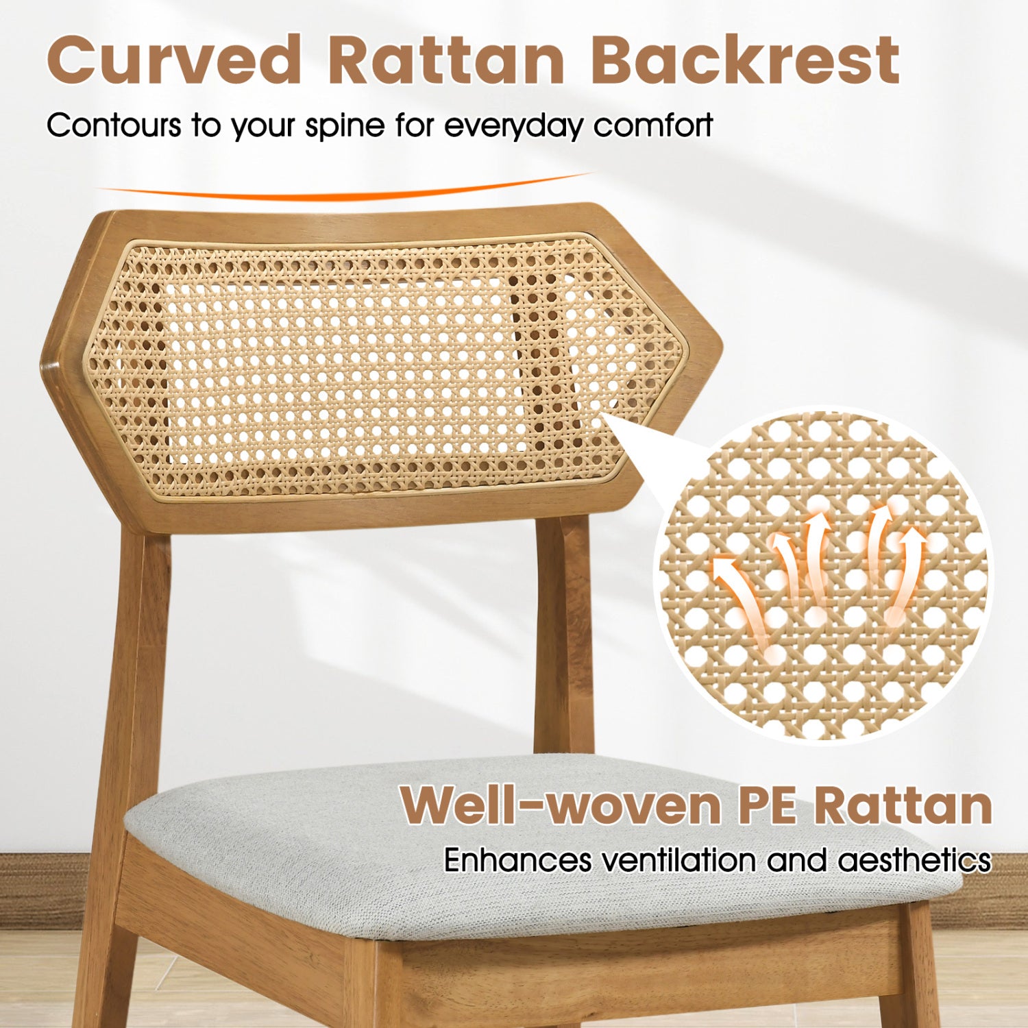 Mid Century Rattan Dining Chairs Set of 2 with Rattan Back and Solid Wood Frame-Natural
